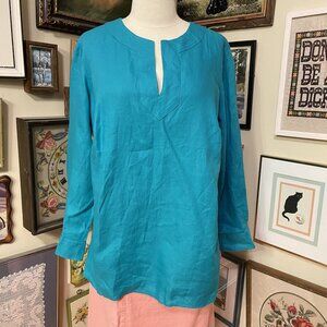 Lauren Ralph Lauren Womens 1X Teal Linen Tunic Top With Split Neck & Button Cuff